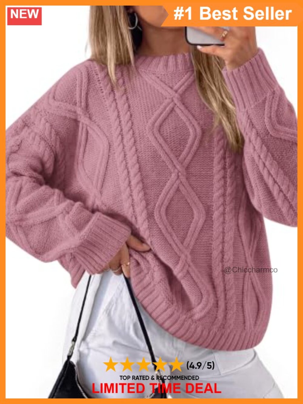Oversized Cable Knit Sweater Pullover Crew Neck Lantern Sleeve Fall Winter